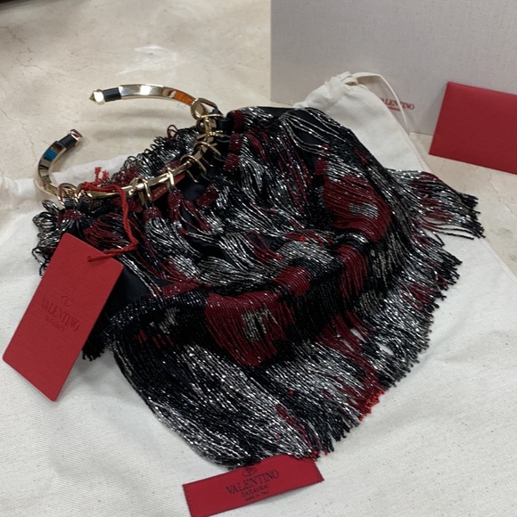 VALENTINO GARAVANI BEADED FRINGE SATIN CLUTCH WITH GOLD TONE ROUND HANDLE - Picture 8 of 16